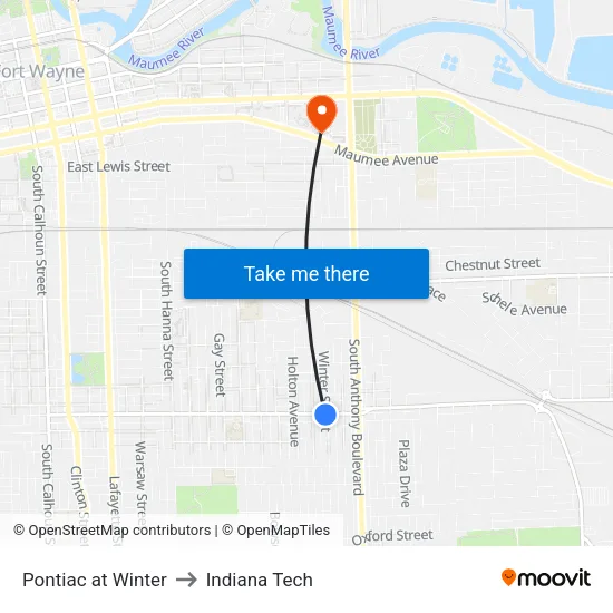 Pontiac at Winter to Indiana Tech map