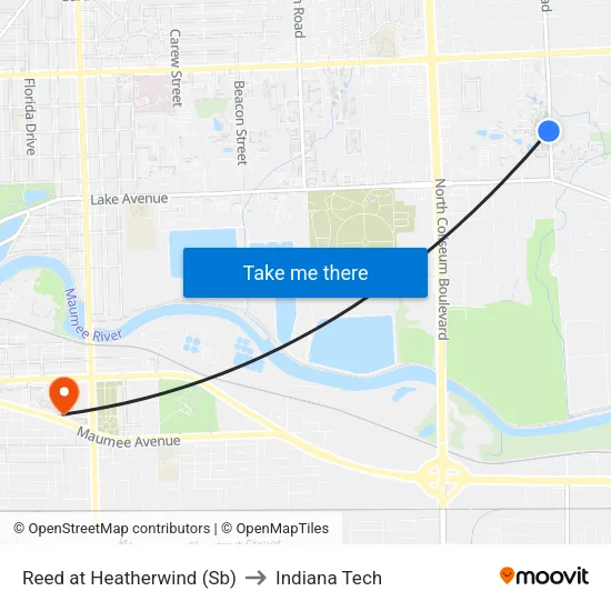 Reed at Heatherwind (Sb) to Indiana Tech map
