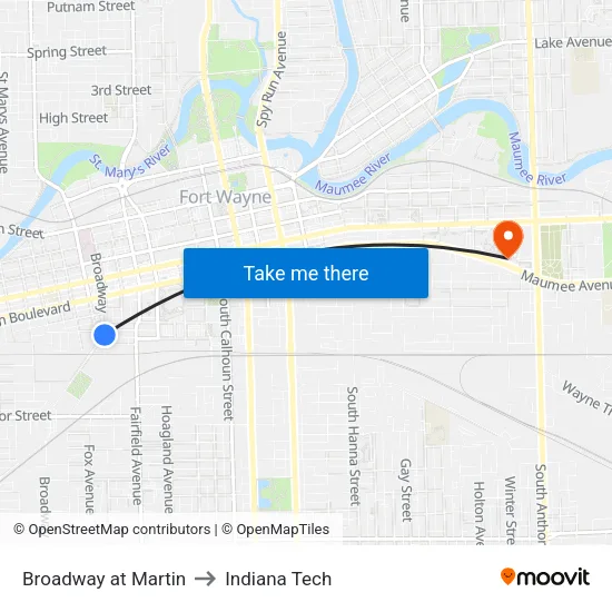 Broadway at Martin to Indiana Tech map