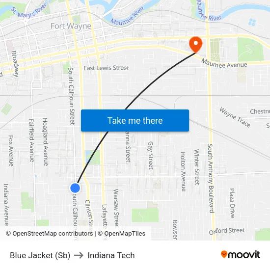 Blue Jacket (Sb) to Indiana Tech map