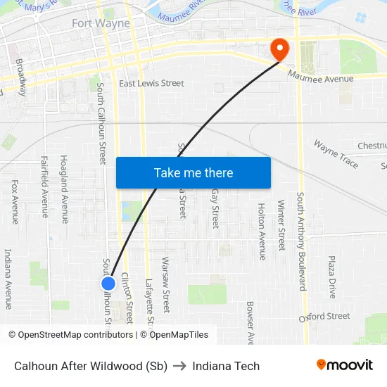 Calhoun After Wildwood (Sb) to Indiana Tech map
