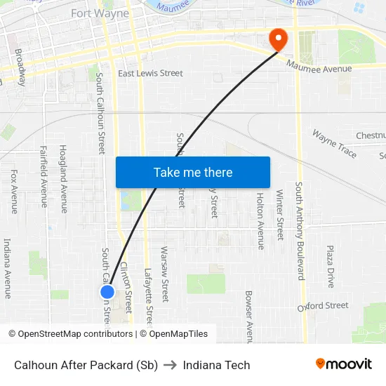 Calhoun After Packard (Sb) to Indiana Tech map