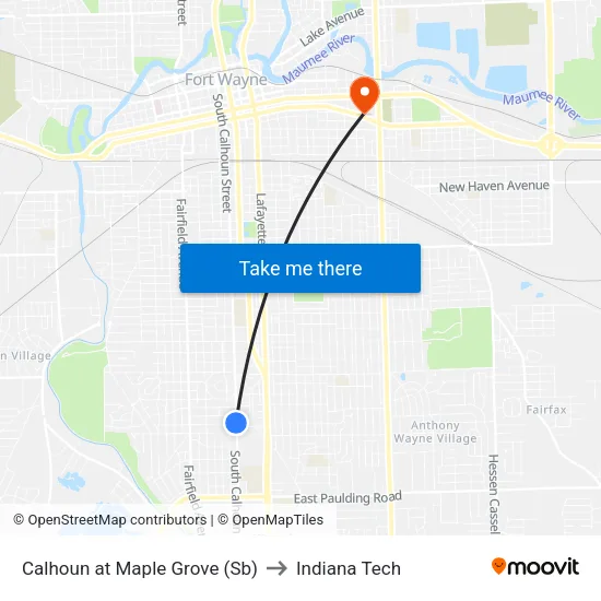 Calhoun at Maple Grove (Sb) to Indiana Tech map