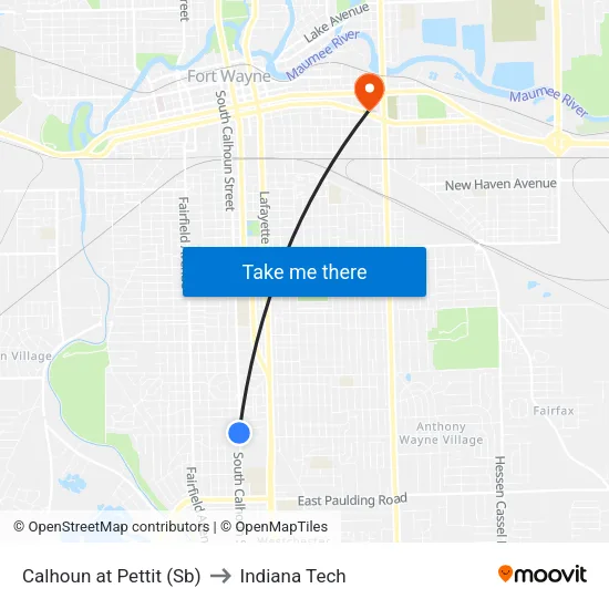 Calhoun at Pettit (Sb) to Indiana Tech map