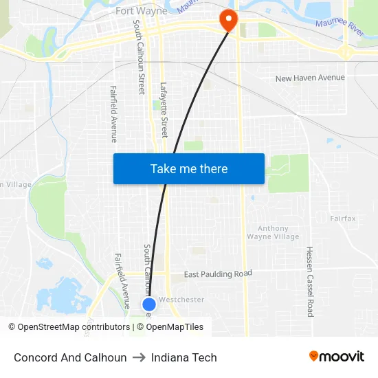 Concord And Calhoun to Indiana Tech map