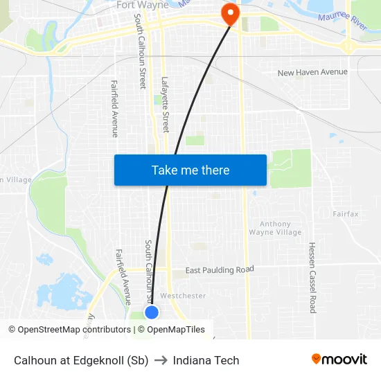 Calhoun at Edgeknoll (Sb) to Indiana Tech map
