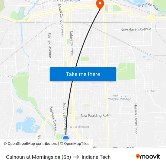 Calhoun at Morningside (Sb) to Indiana Tech map