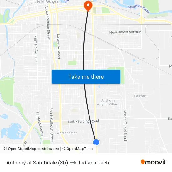 Anthony at Southdale (Sb) to Indiana Tech map