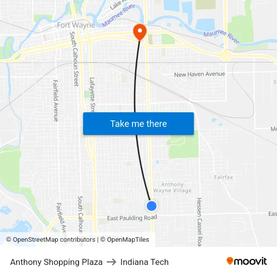 Anthony Shopping Plaza to Indiana Tech map
