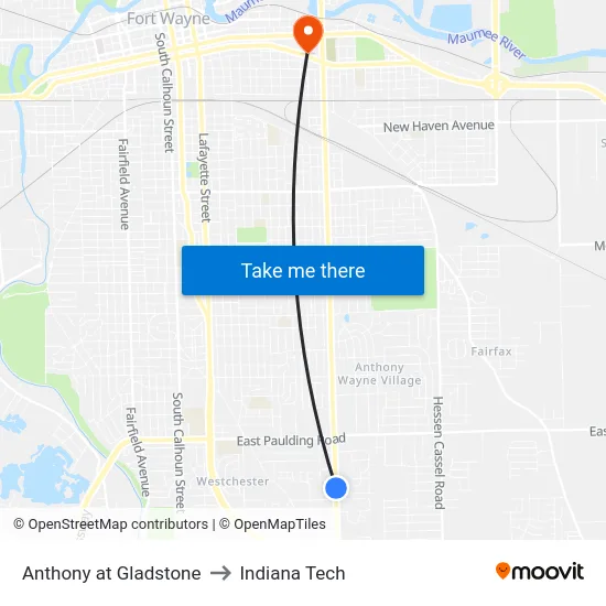 Anthony at Gladstone to Indiana Tech map