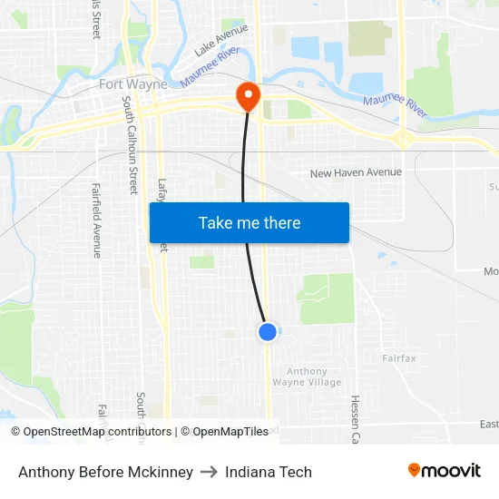 Anthony Before Mckinney to Indiana Tech map