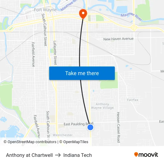 Anthony at Chartwell to Indiana Tech map