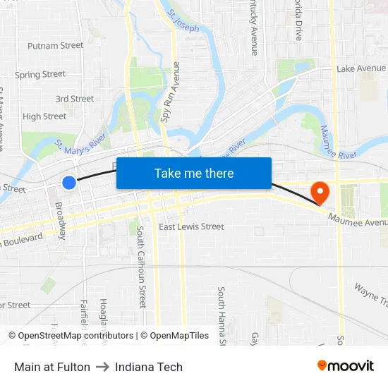 Main at Fulton to Indiana Tech map