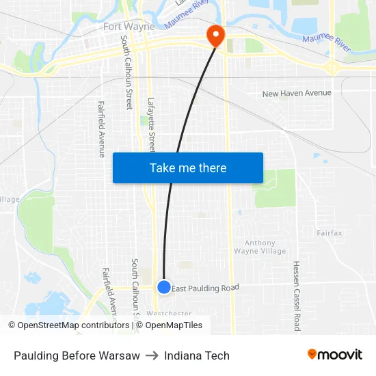 Paulding Before Warsaw to Indiana Tech map