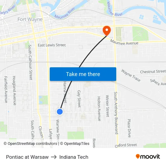 Pontiac at Warsaw to Indiana Tech map