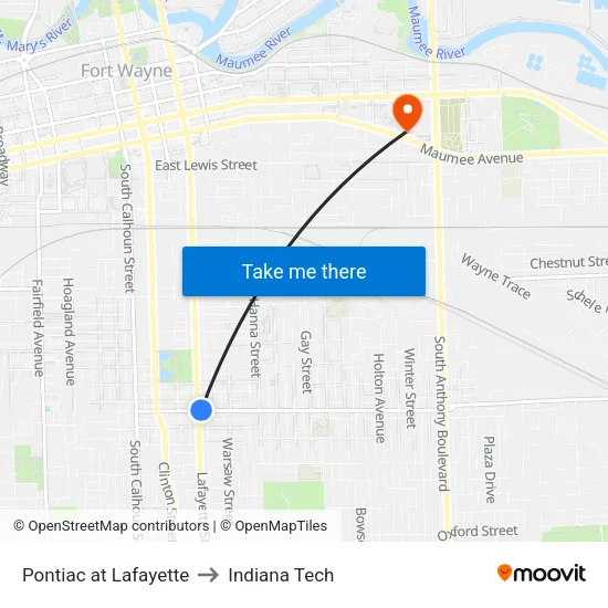 Pontiac at Lafayette to Indiana Tech map