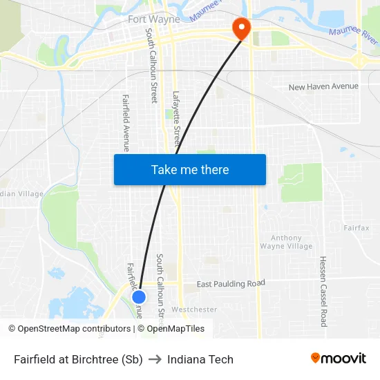 Fairfield at Birchtree (Sb) to Indiana Tech map