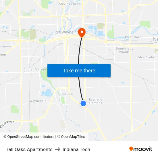 Tall Oaks Apartments to Indiana Tech map