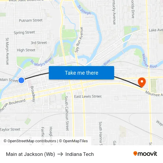 Main at Jackson (Wb) to Indiana Tech map