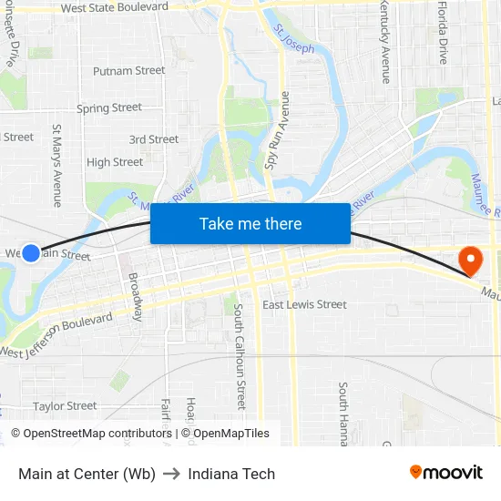 Main at Center (Wb) to Indiana Tech map