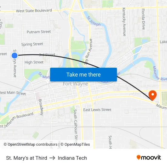 St. Mary's at Third to Indiana Tech map