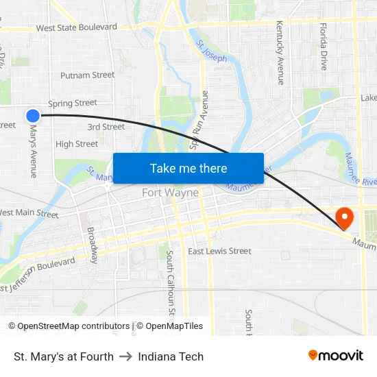 St. Mary's at Fourth to Indiana Tech map