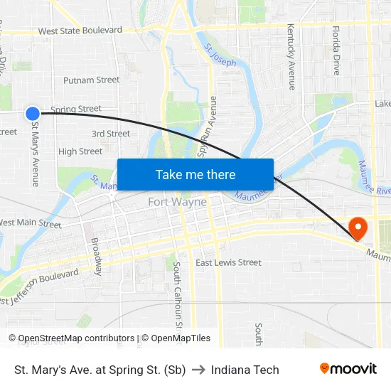 St. Mary's Ave. at Spring St. (Sb) to Indiana Tech map