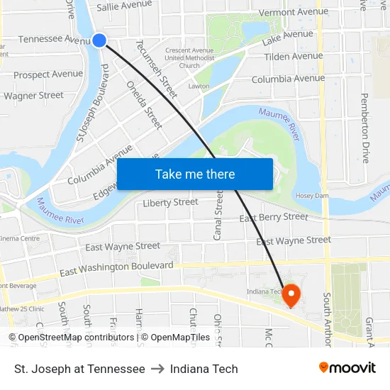 St. Joseph at Tennessee to Indiana Tech map