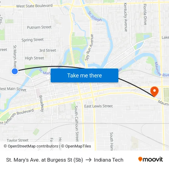 St. Mary's Ave. at Burgess St (Sb) to Indiana Tech map