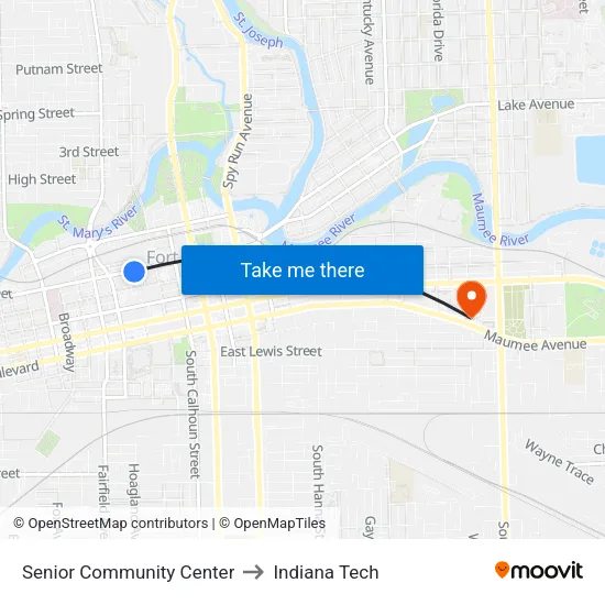 Senior Community Center to Indiana Tech map