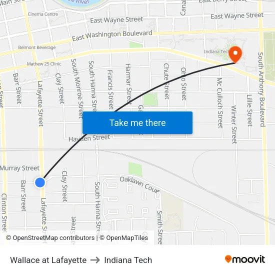 Wallace at Lafayette to Indiana Tech map