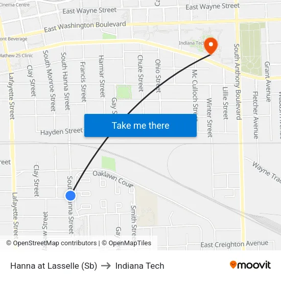 Hanna at Lasselle (Sb) to Indiana Tech map