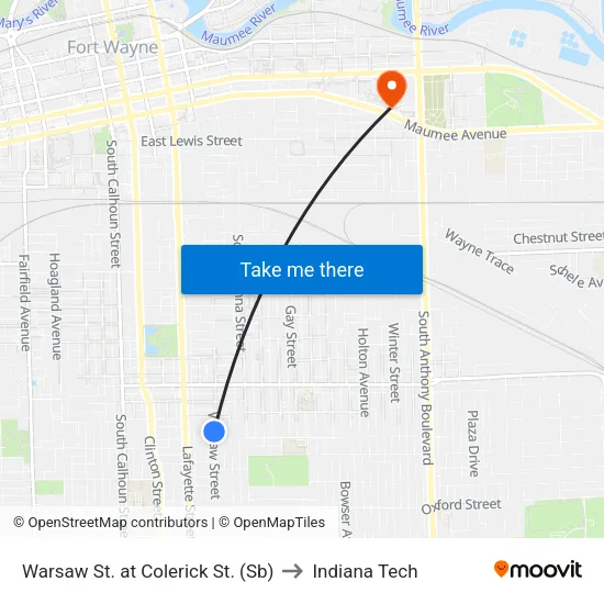 Warsaw St. at Colerick St. (Sb) to Indiana Tech map