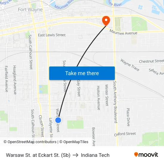 Warsaw St. at Eckart St. (Sb) to Indiana Tech map