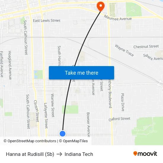 Hanna at Rudisill (Sb) to Indiana Tech map
