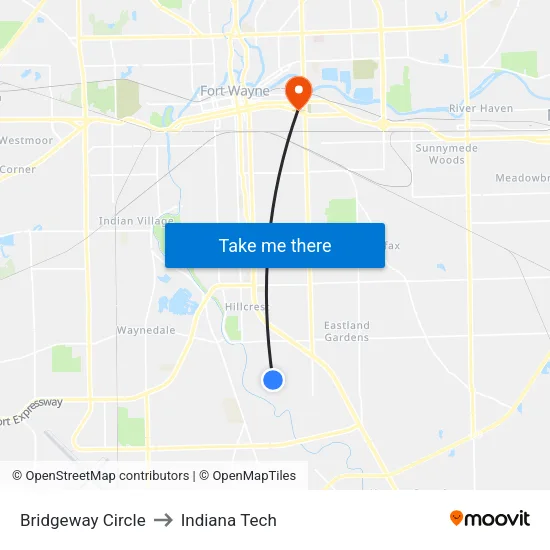 Bridgeway Circle to Indiana Tech map
