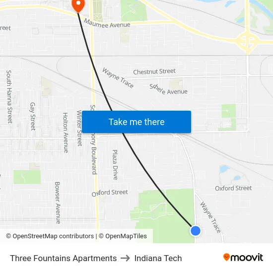 Three Fountains Apartments to Indiana Tech map
