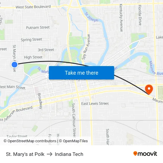 St. Mary's at Polk to Indiana Tech map