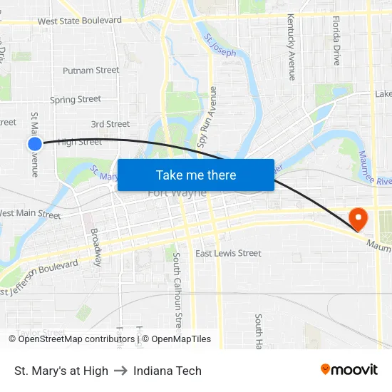 St. Mary's at High to Indiana Tech map