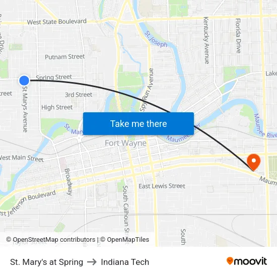 St. Mary's at Spring to Indiana Tech map