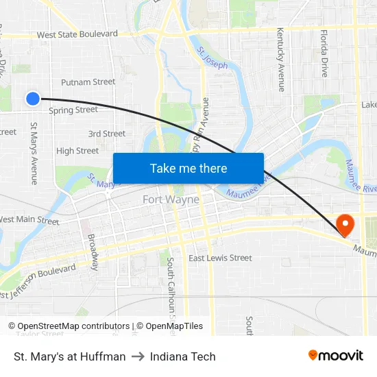 St. Mary's at Huffman to Indiana Tech map