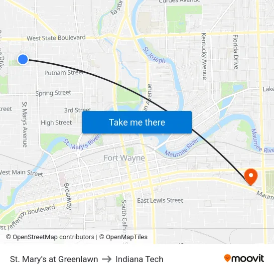 St. Mary's at Greenlawn to Indiana Tech map