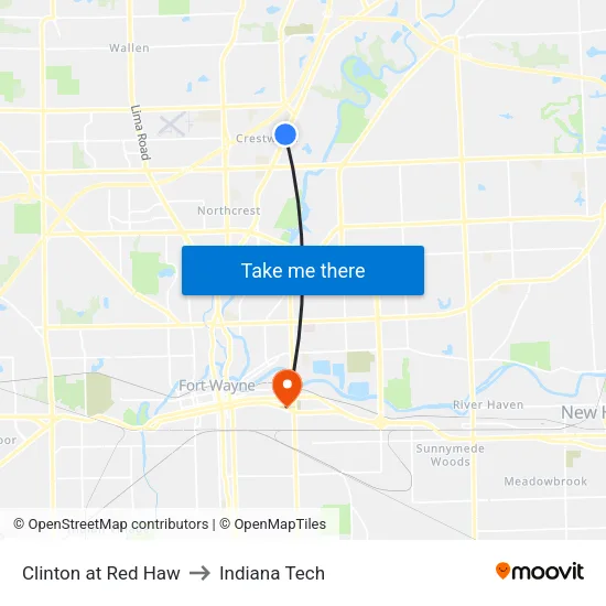 Clinton at Red Haw to Indiana Tech map
