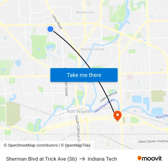 Sherman Blvd at Trick Ave (Sb) to Indiana Tech map