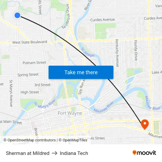 Sherman at Mildred to Indiana Tech map