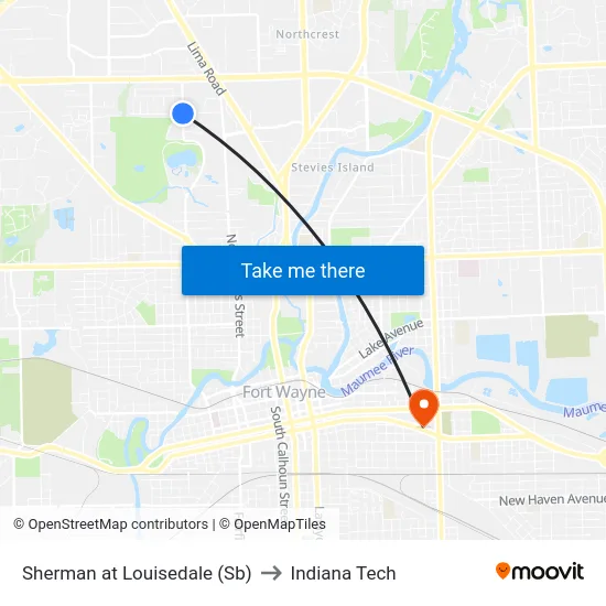Sherman at Louisedale (Sb) to Indiana Tech map