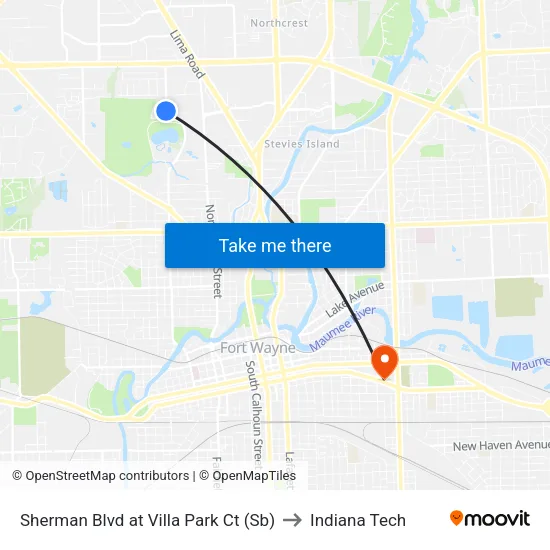 Sherman Blvd at Villa Park Ct (Sb) to Indiana Tech map