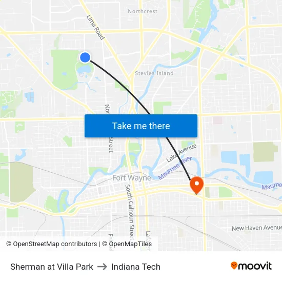 Sherman at Villa Park to Indiana Tech map