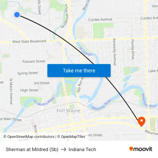 Sherman at Mildred (Sb) to Indiana Tech map
