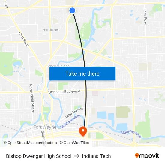 Bishop Dwenger High School to Indiana Tech map